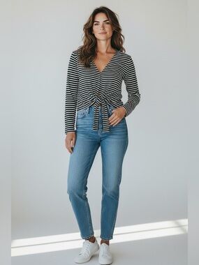 Lou & Grey Lightweight Tie Front Cardigan Gray Stripe Size Large